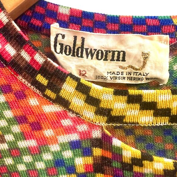 Vintage 1970s Goldworm Wool Rainbow Pixel Mod Midi Dress Art Eclectic Unique Sm - Picture 4 of 9